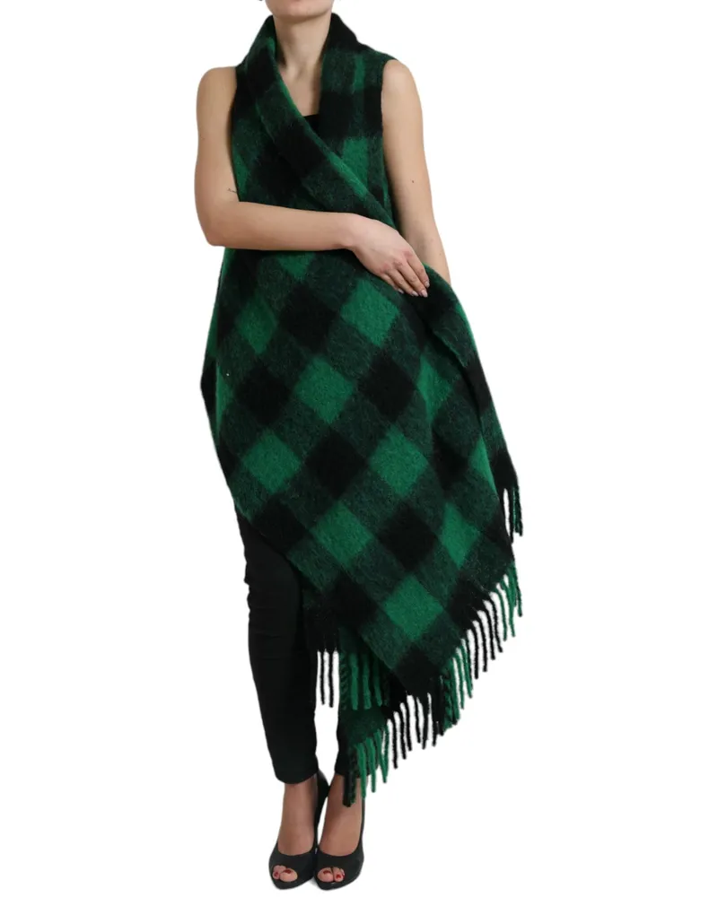 Dolce & Gabbana Women Black Green Buffalo Check Poncho Coat Jacket And Clothing Green
