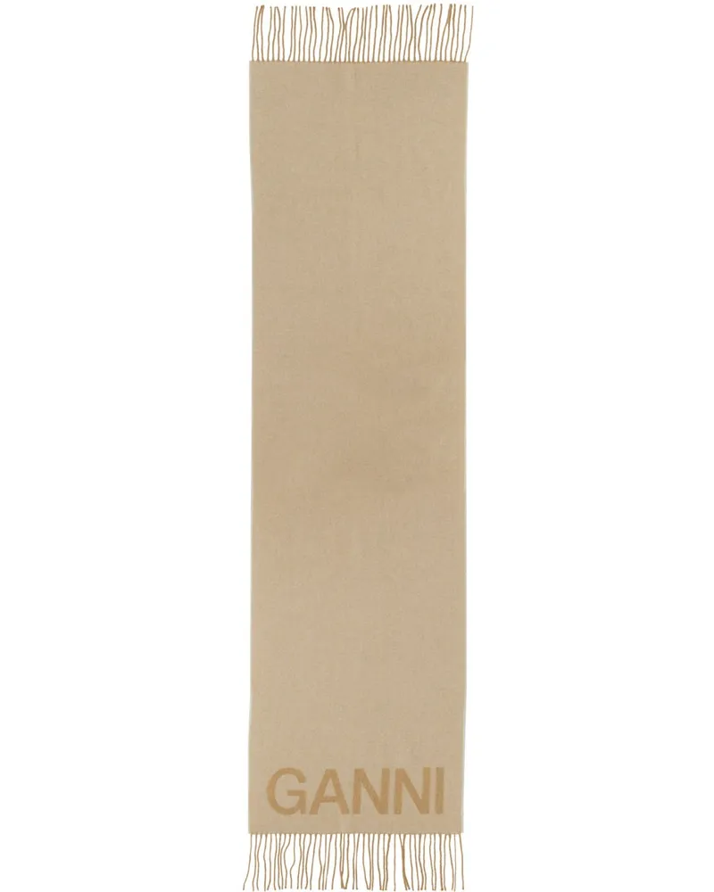 Ganni Logo-Embroidered Recycled Wool Scarf — White White