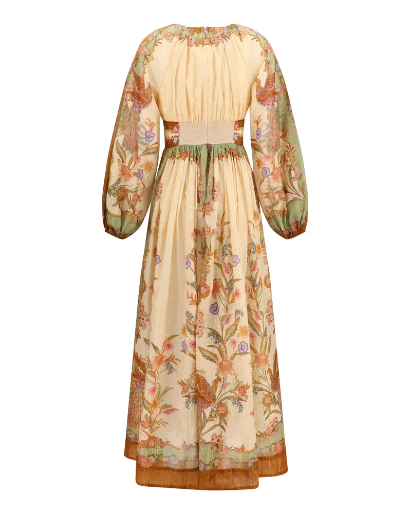 Zimmermann Women's Indra Elasticated Waist Maxi Dress Cream Khaki Scarf Floral Cotton; Silk; Metal Fibers Beige