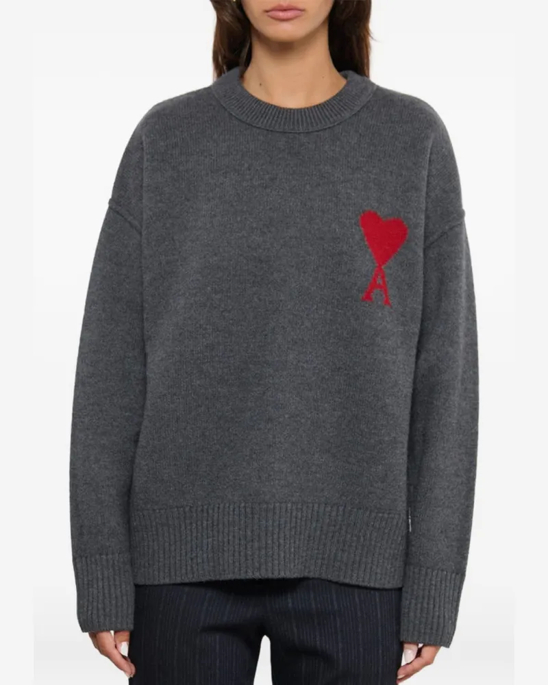 AMI Paris Intarsia Ami de Coeur Sweater — Charcoal Charcoal