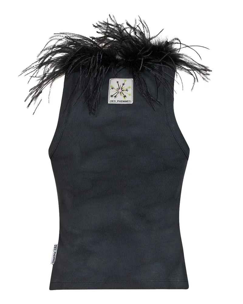 Des Phemmes Ribbed Cotton with Ostrich Feather Trim Tank Top — Black Black