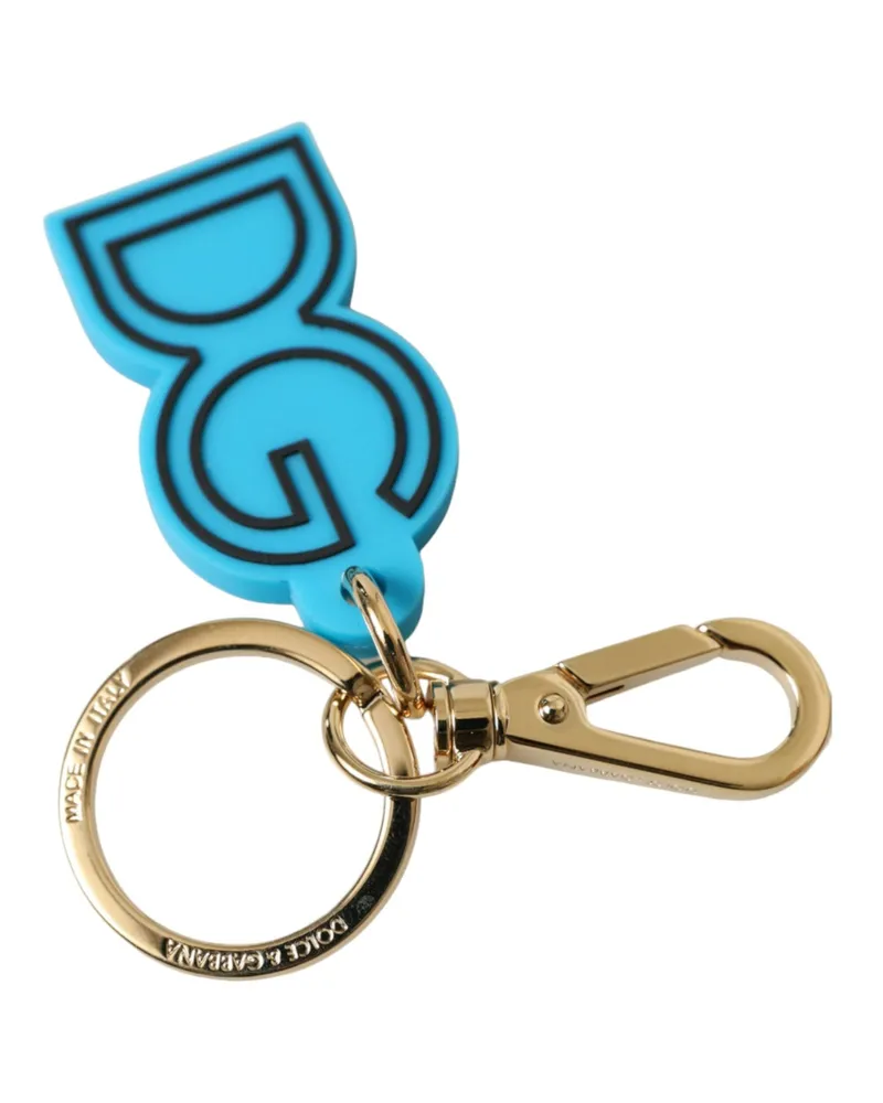 Dolce & Gabbana Women's Blue Rubber Gold Tone Metal Dg Logo Keyring Keychain Black And Zamak Pvc Steel Brass Accessory Blue