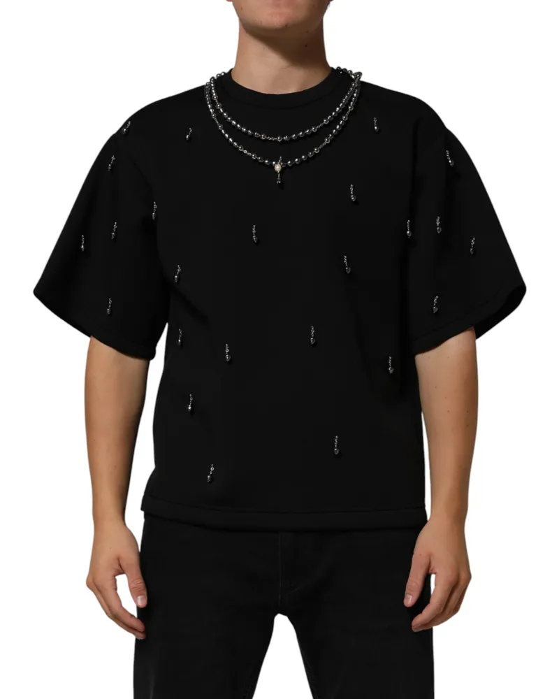 Dolce & Gabbana Men Black Polyester Necklace Embellished T-Shirt Black