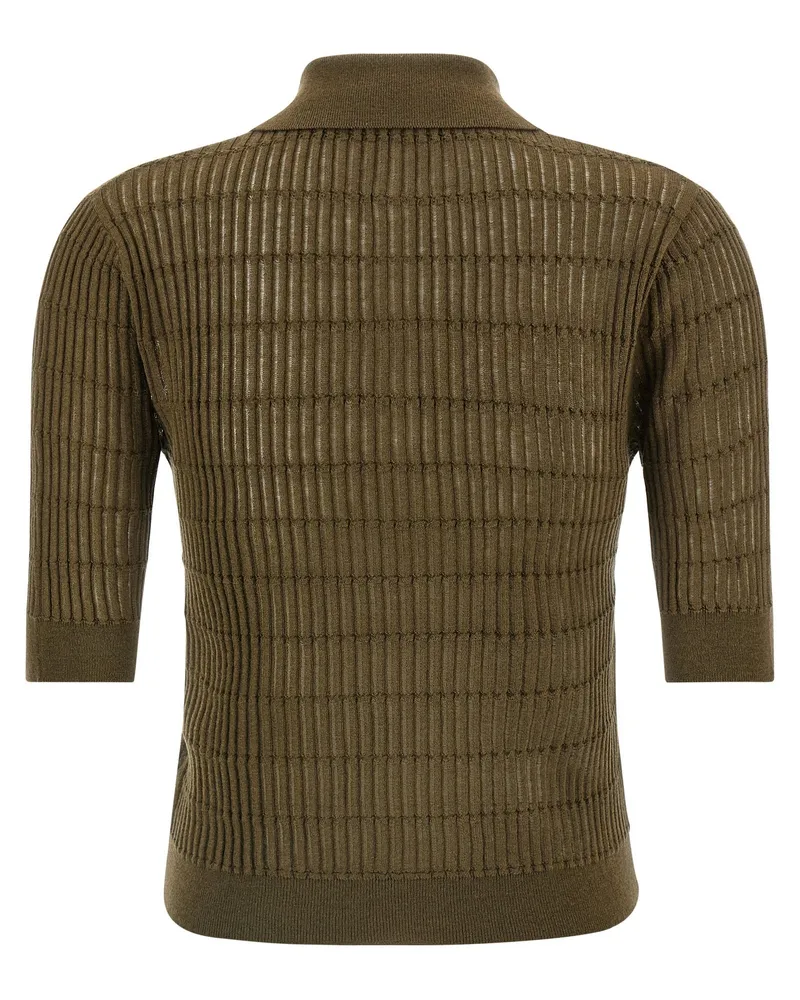 Max Mara Ribbed Wool-Silk Knit Polo Shirt — Olive Olive