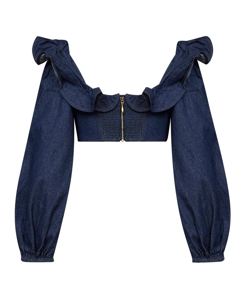 Zimmermann Women's Cropped Frill Top Aster Ink Blue Cotton Tops Blue