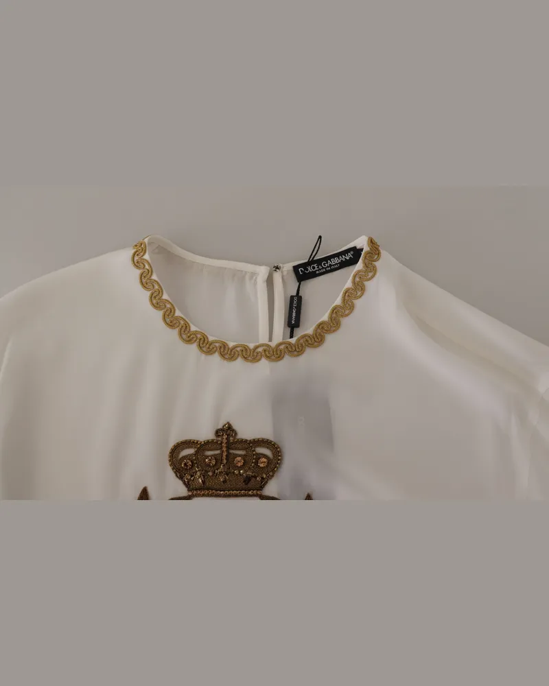 Dolce & Gabbana Women White Silk Gold Dg Crown Crystal Blouse Top White