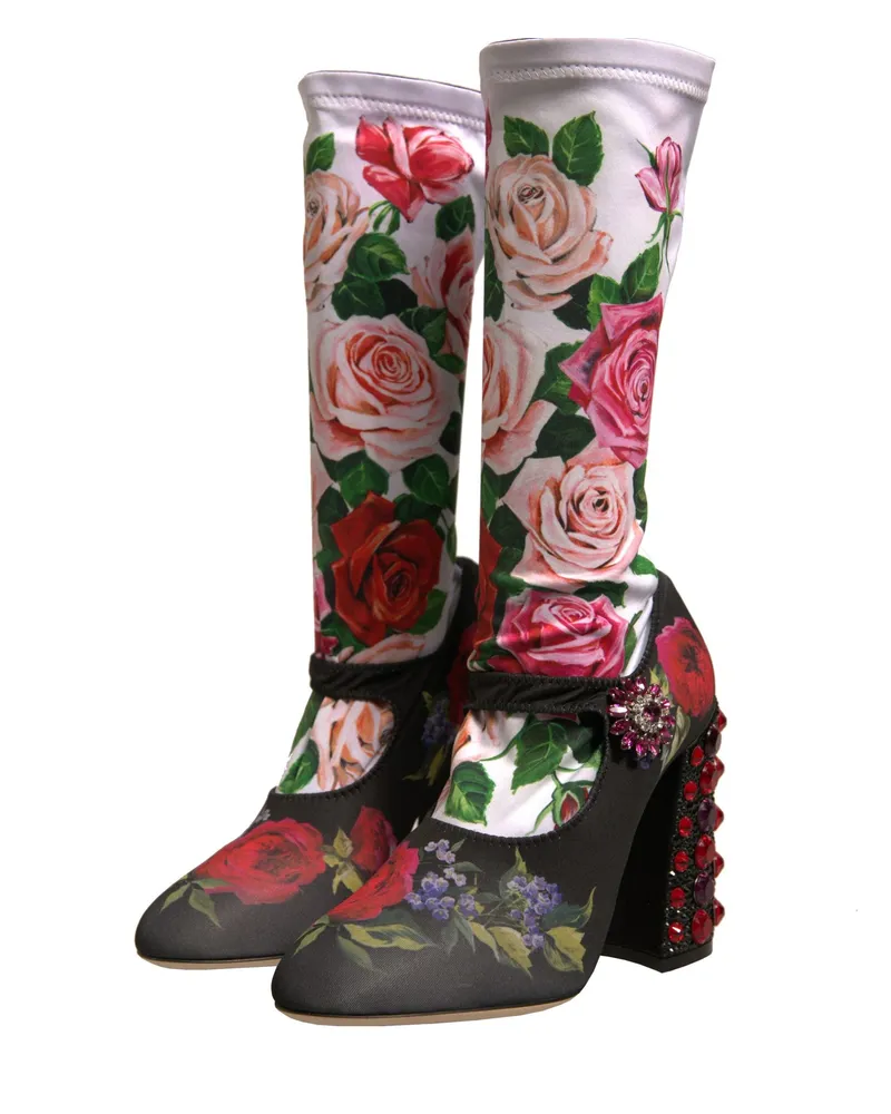 Dolce & Gabbana Women's Black Floral Socks Crystal Boots Jersey Shoes Black