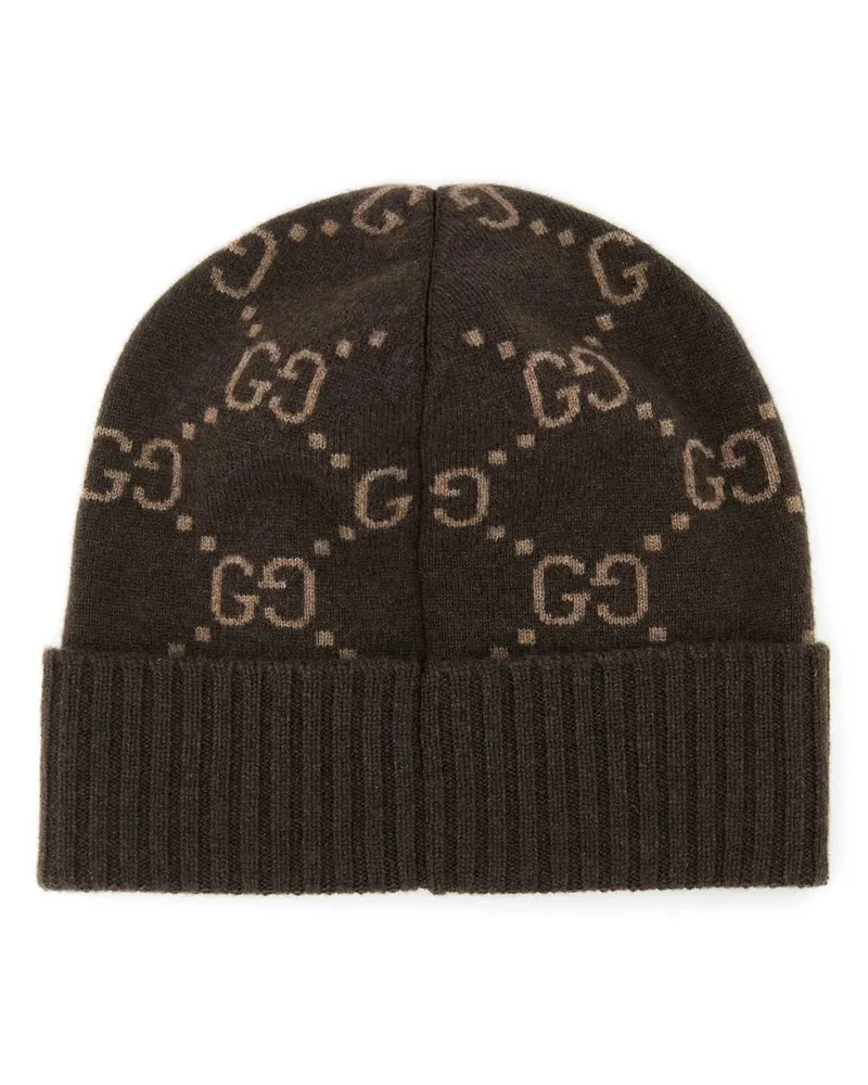 Gucci Unisex Embroidered Cashmere Beanie Hat Brownbeige Fabric Cappelli Brown