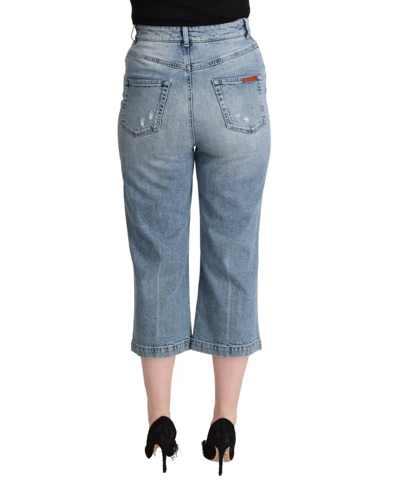 Dolce & Gabbana Women Blue Tattered Cotton Denim Capri Cropped Jeans Elastane Clothing Blue