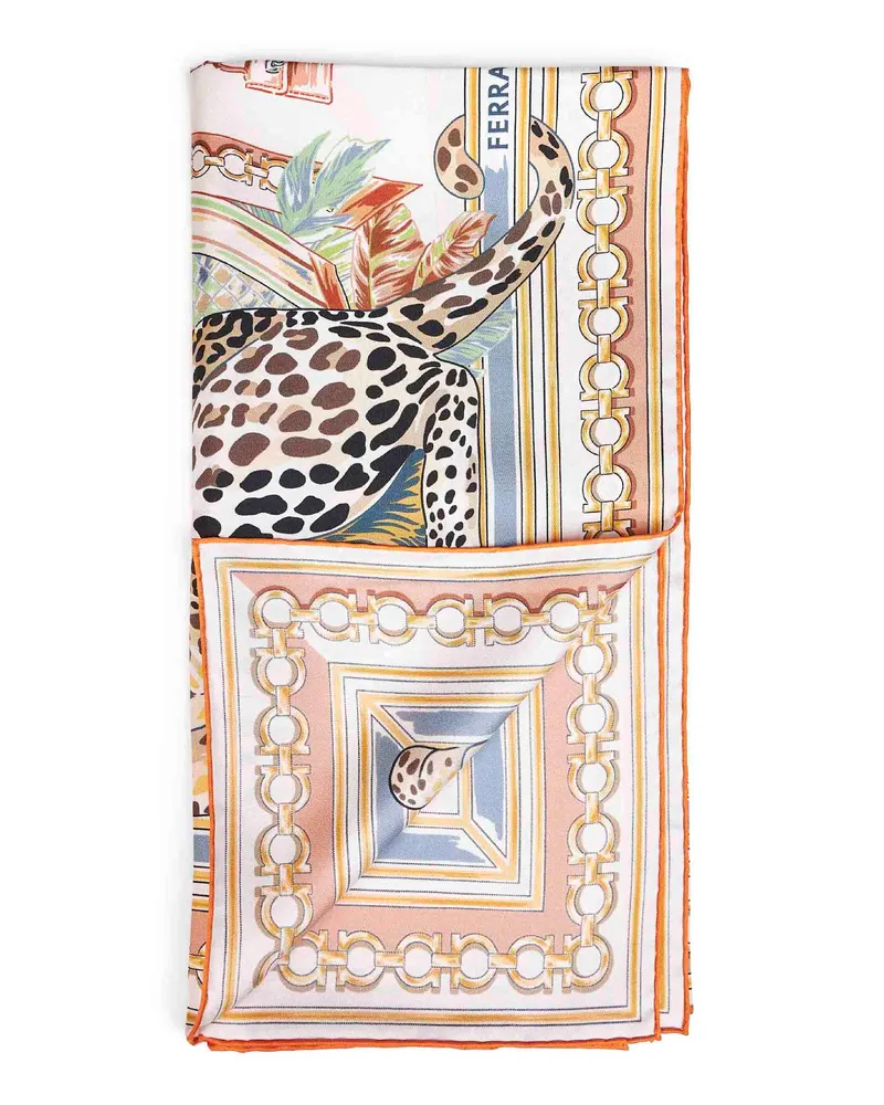 Ferragamo Women's Silk Scarf Felini Print Ivory-Orange Multicolour Scarfs Multicolor