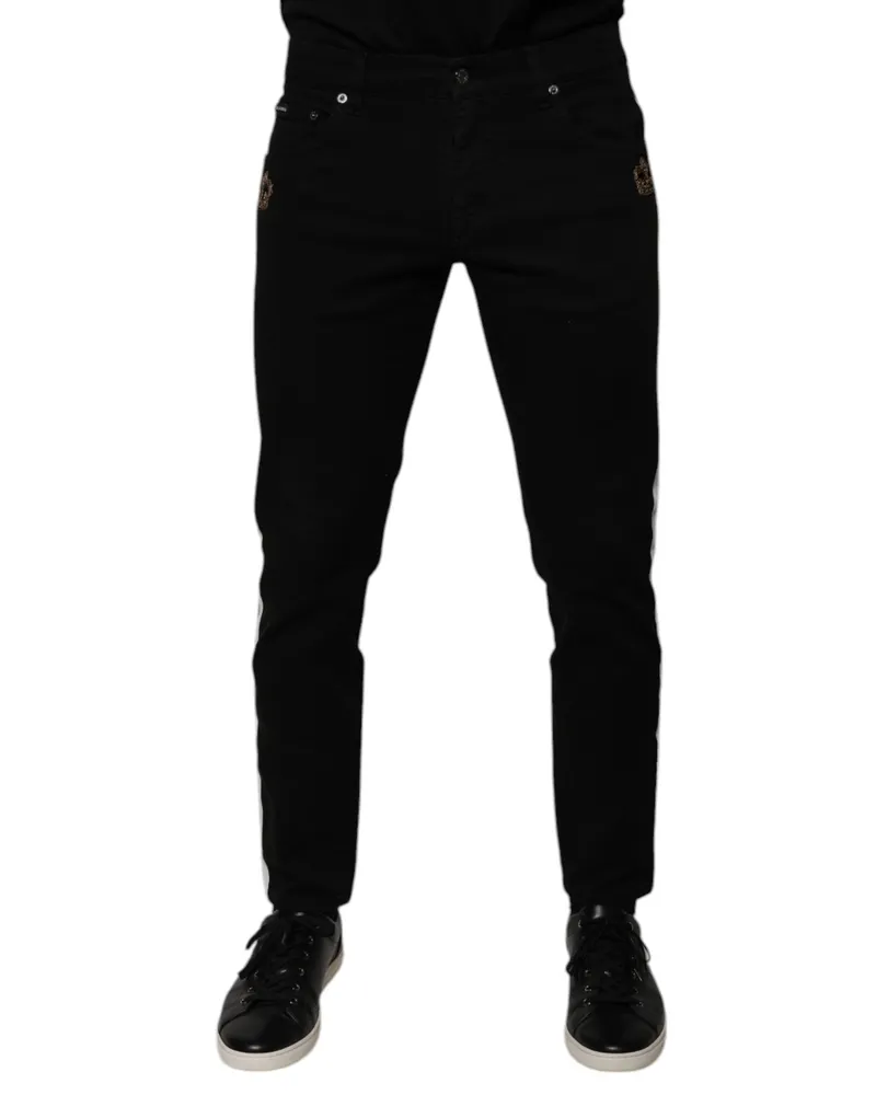 Dolce & Gabbana Men's Black Crown White Lining Skinny Denim Jeans And Cotton Elastane Clothing Black