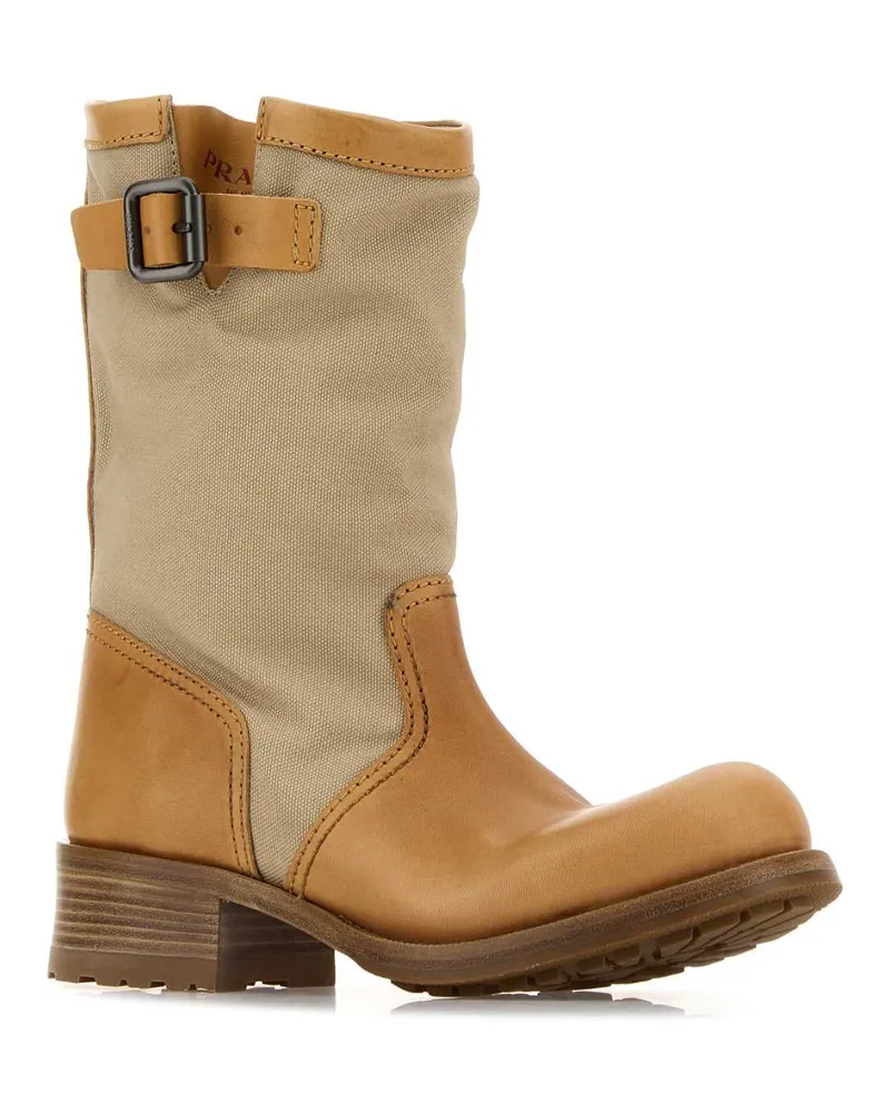 Prada Two-Tone Canvas and Leather Boots — Beige Beige