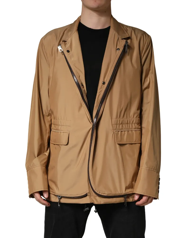 Dolce & Gabbana Men's Brown Single Breasted Layered Coat Jacket Nylon Polyester Clothing Brown