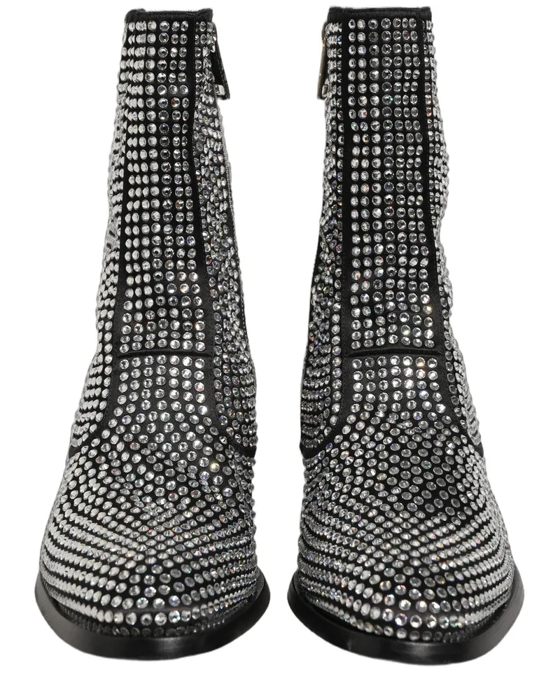 Dolce & Gabbana Men's Black Crystal Embellished Ankle Boots Shoes Silk Viscose Glass Black