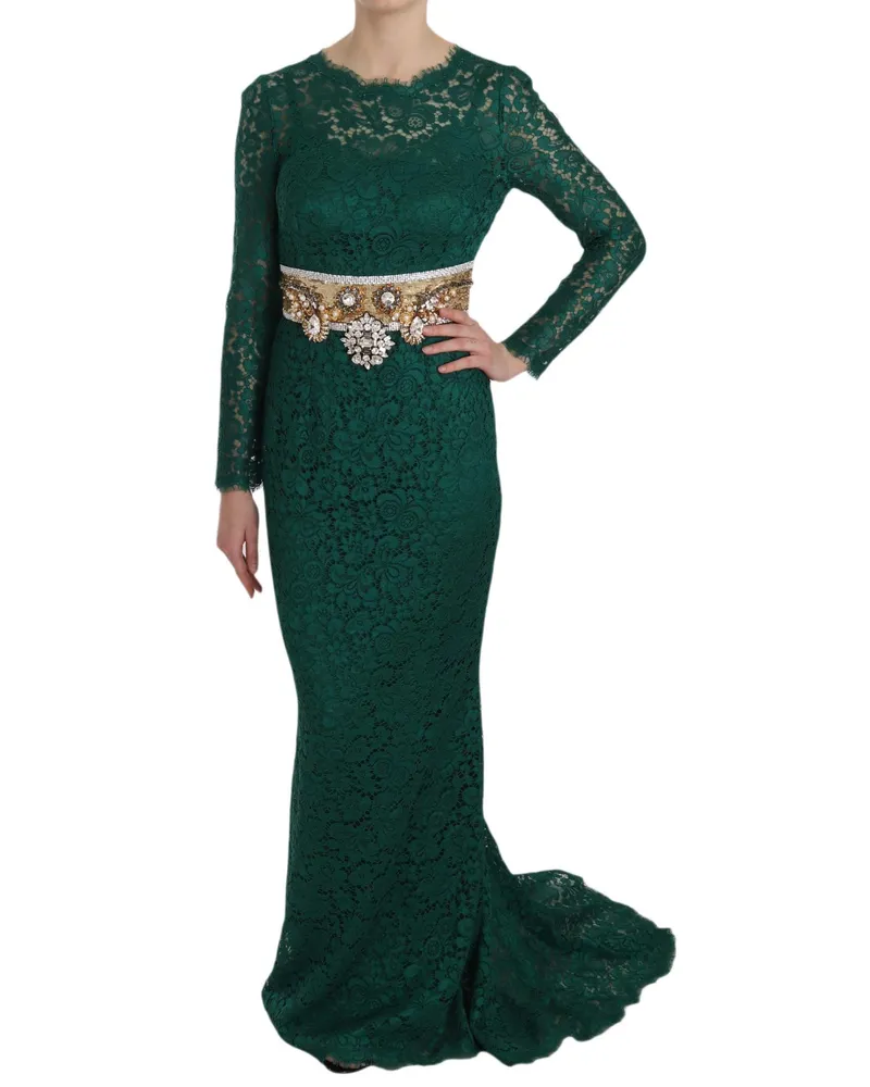 Dolce & Gabbana Women's Crystal Gold Belt Lace Sheath Gown Dress Green Rayon Nylon Cotton Green