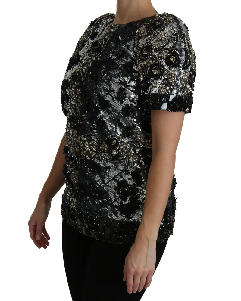 Dolce & Gabbana Women's Black Sequined Crystal Embellished Top Blouse Black