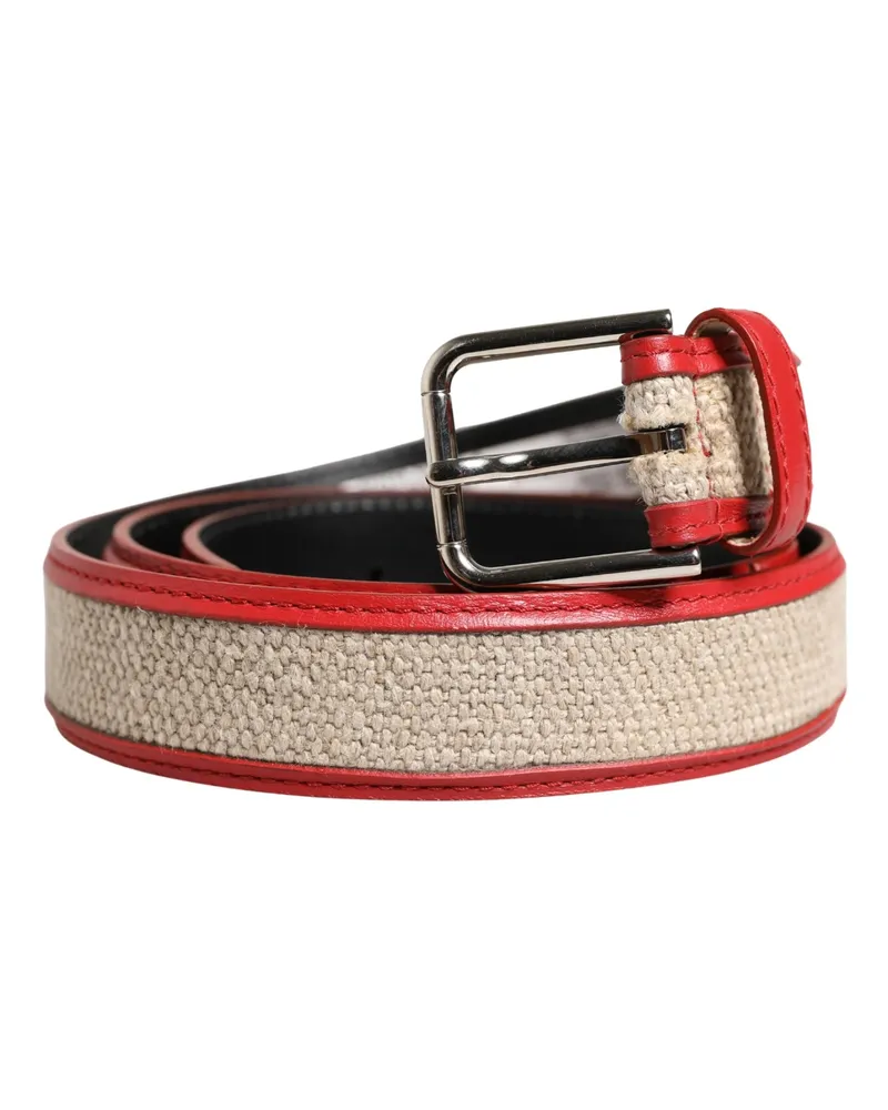 Dolce & Gabbana Men Beige Red Woven Leather Metal Buckle Belt Linen Calf Beige