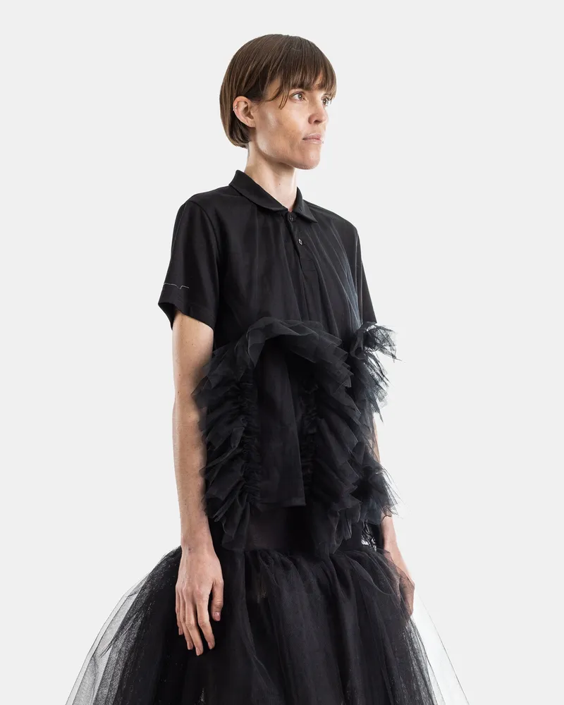 Noir Kei Ninomiya Women's Black Tulle Ruffled Polo Shirt T-Shirts And Polos Black