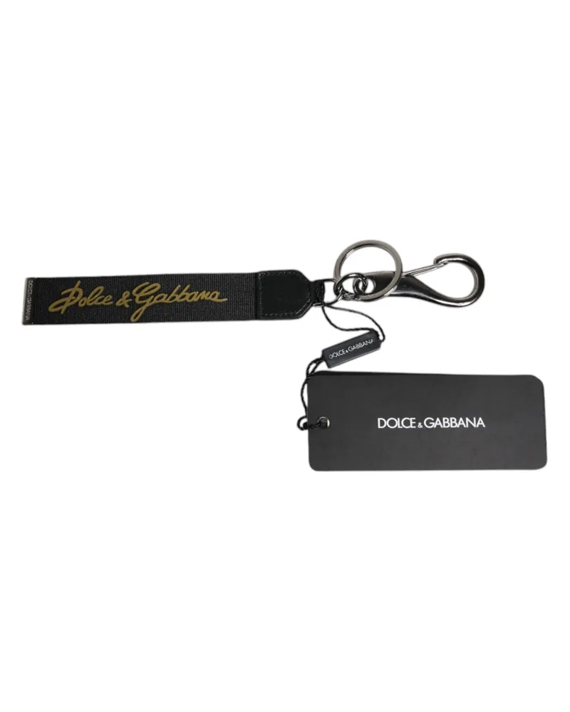 Dolce & Gabbana Black Logo Nylon Silver Brass Men Holder Keychain Keyring Leather Accessory Black