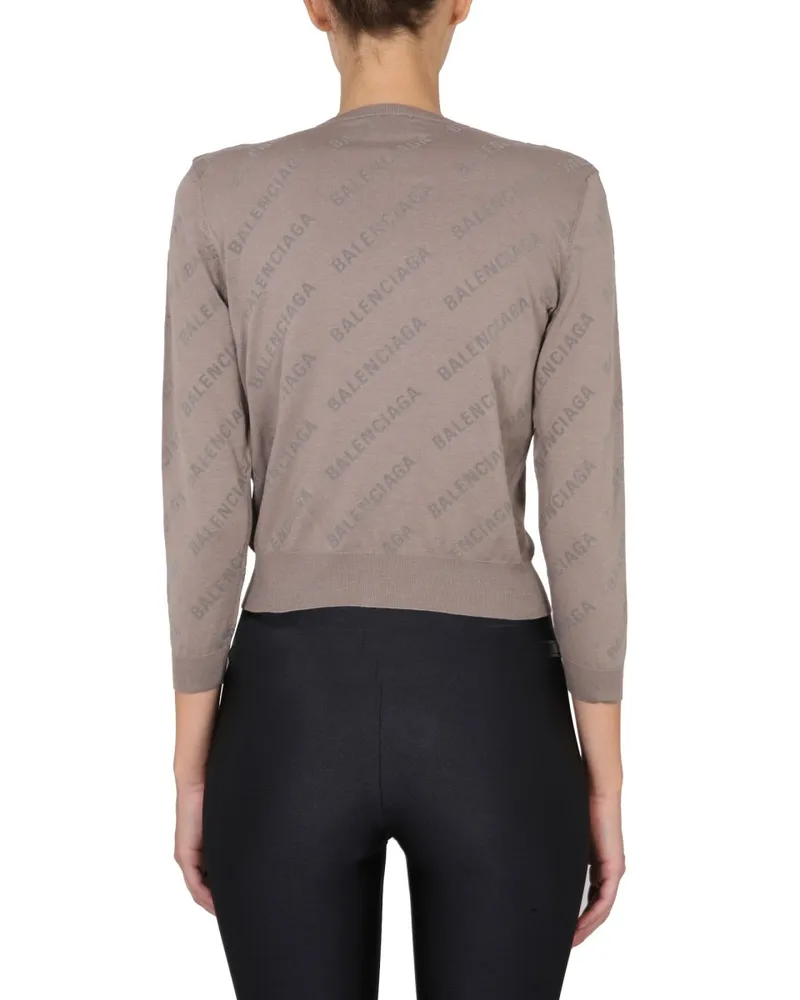 Balenciaga All-Over Embossed Logo Cardigan — Beige 