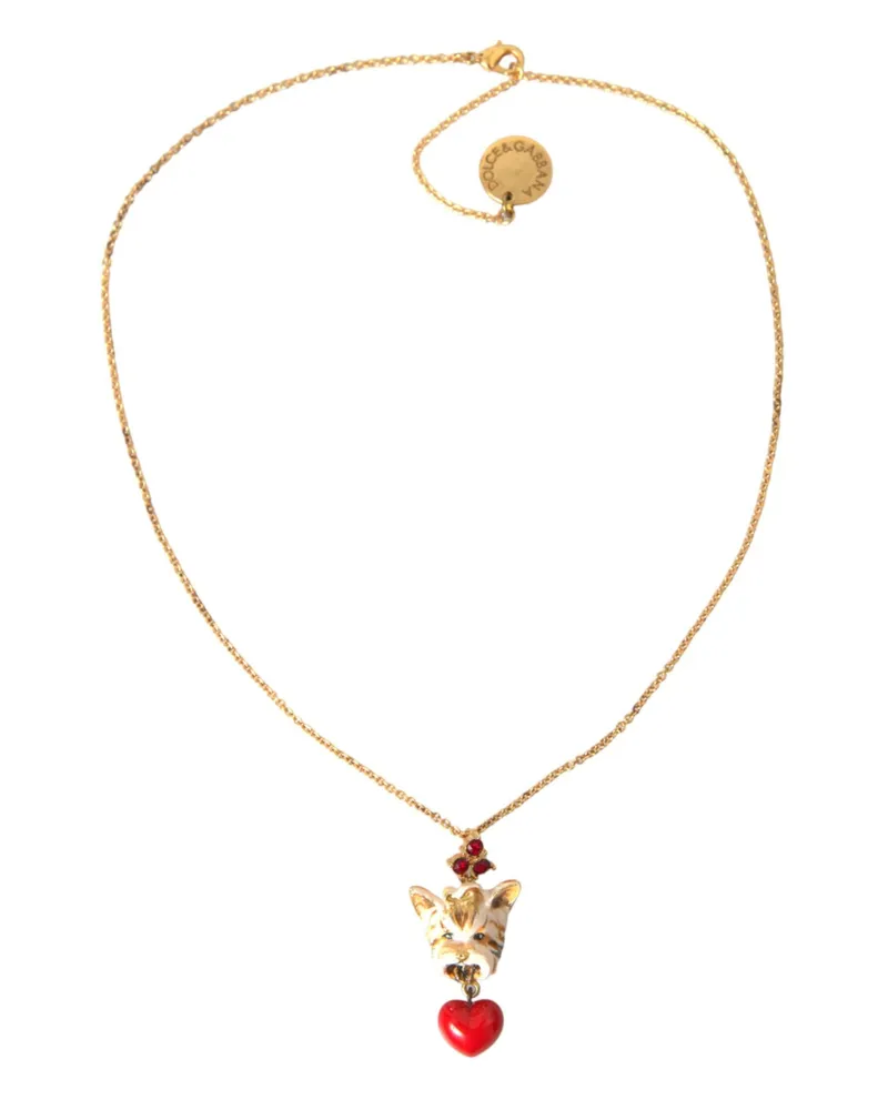 Dolce & Gabbana Women's Gold Brass Chain Dog Heart Pendant Charm Necklace Crystal Gold