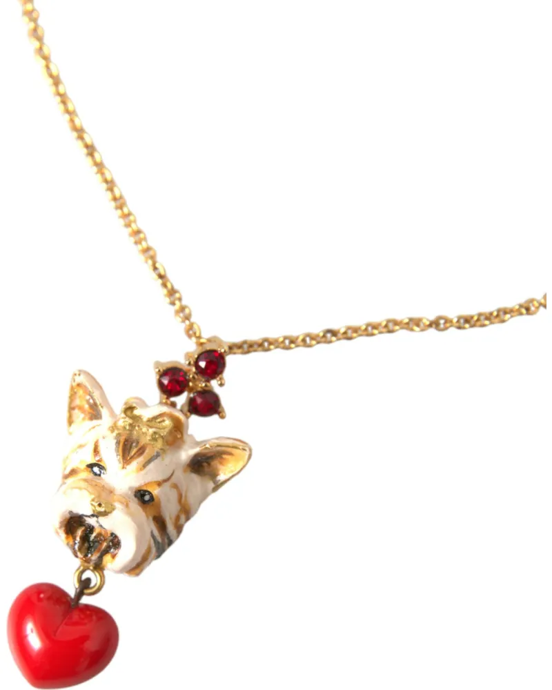 Dolce & Gabbana Women's Gold Brass Chain Dog Heart Pendant Charm Necklace Crystal Gold