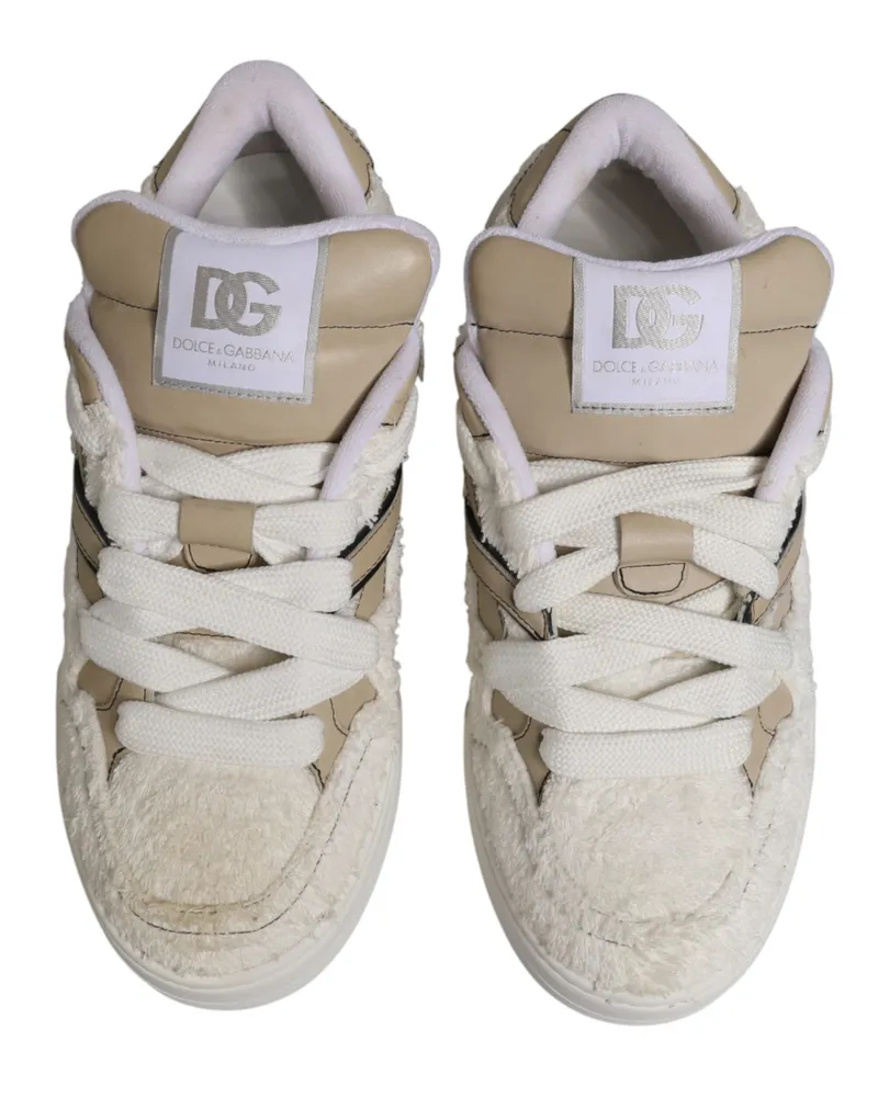 Dolce & Gabbana Men's White Beige Faux Shearling Low Top Sneakers Shoes Leather Beige