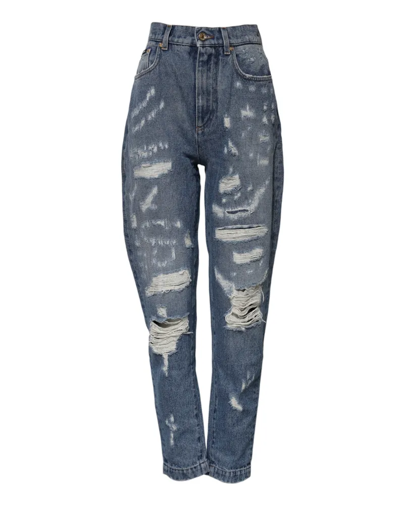 Dolce & Gabbana Women's Blue Cotton Tattered High Waist Denim Jeans Clothing Blue