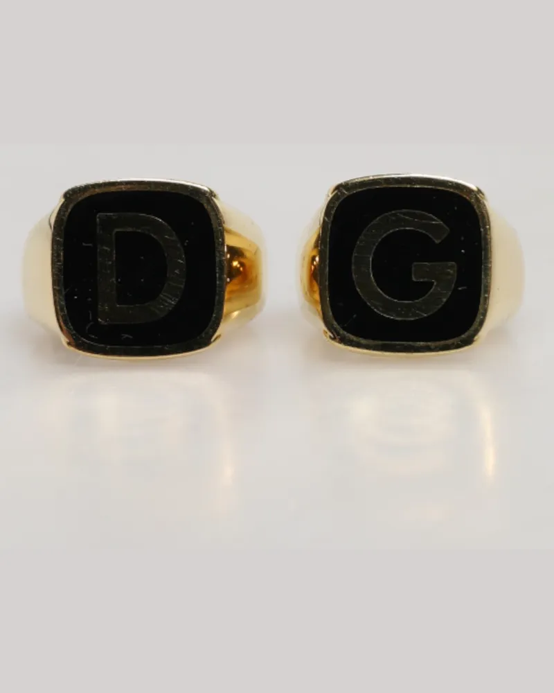 Dolce & Gabbana Men's Gold-Tone Real Brass Black Enamel Dg Adjustable Rings Gold Gold