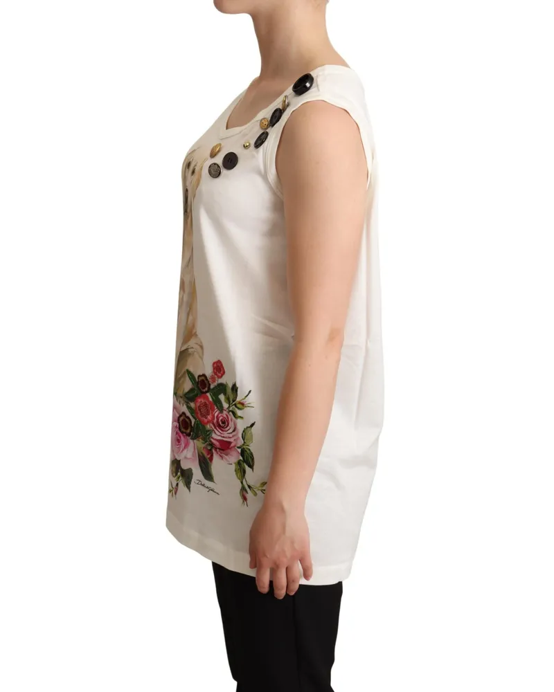 Dolce & Gabbana Women's White Dog Floral Print Embellished T-Shirt Cotton White