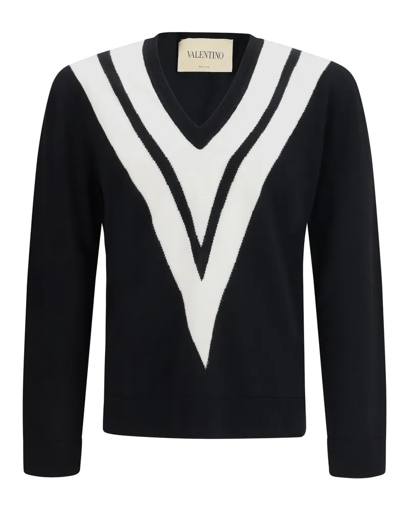 Valentino Garavani Men's Sweater With Intarsia V, Virgin Wool, Black-Cream Fleece Wool (ovis Aries) Black/cream Black