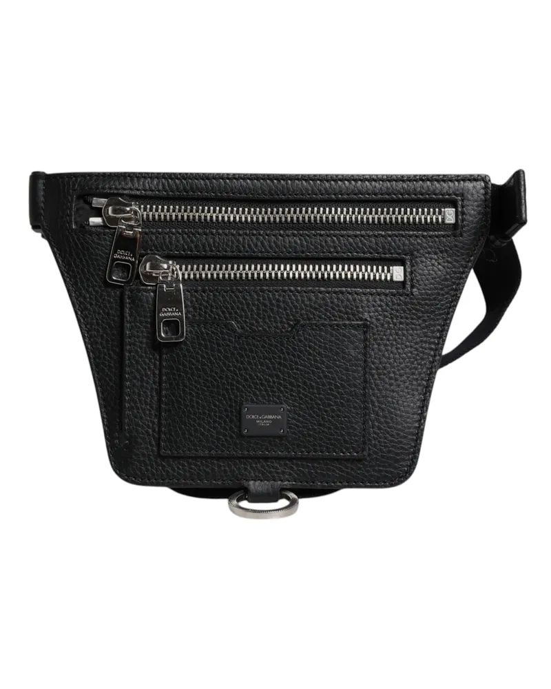 Dolce & Gabbana Black Calfskin Logo Plaque Belt Waist Men Fanny Pack Bag Black