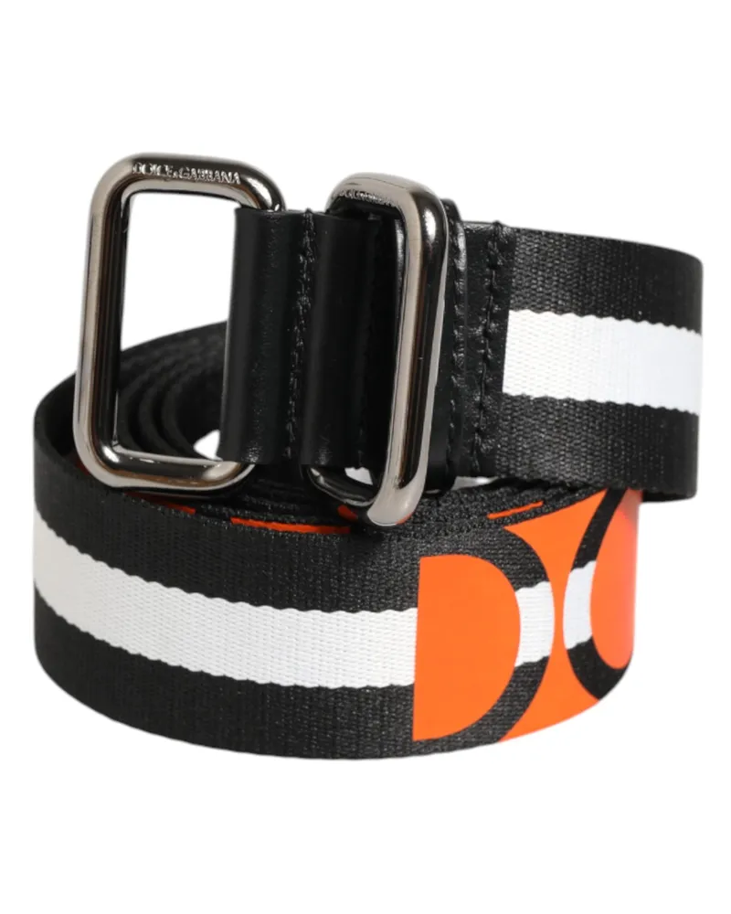 Dolce & Gabbana Men's Black White Striped Logo Metal Buckle Belt And Nylon Calf Leather Black