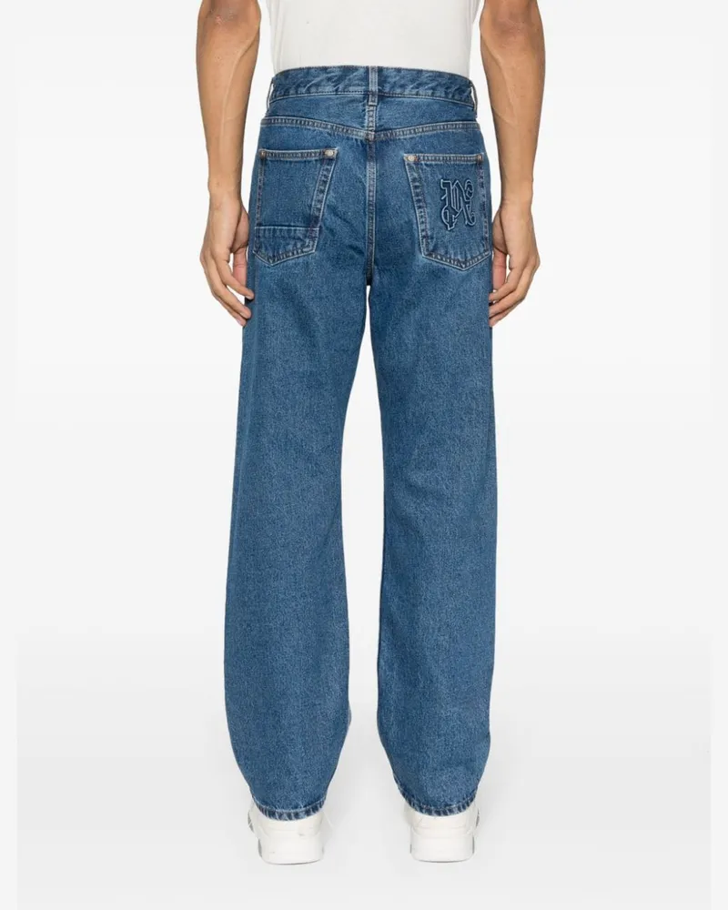 Palm Angels Logo-Embossed Monogram Denim Jeans — Blue Blue