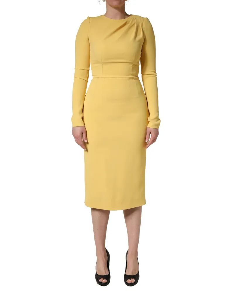 Dolce & Gabbana Women Yellow Silk Long Sleeves Sheath Midi Dress Cotton Elastane Yellow