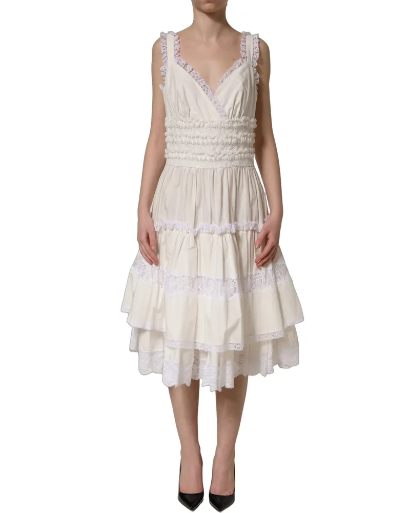 Dolce & Gabbana Cotton Poplin Ruffled Midi Dress — White White