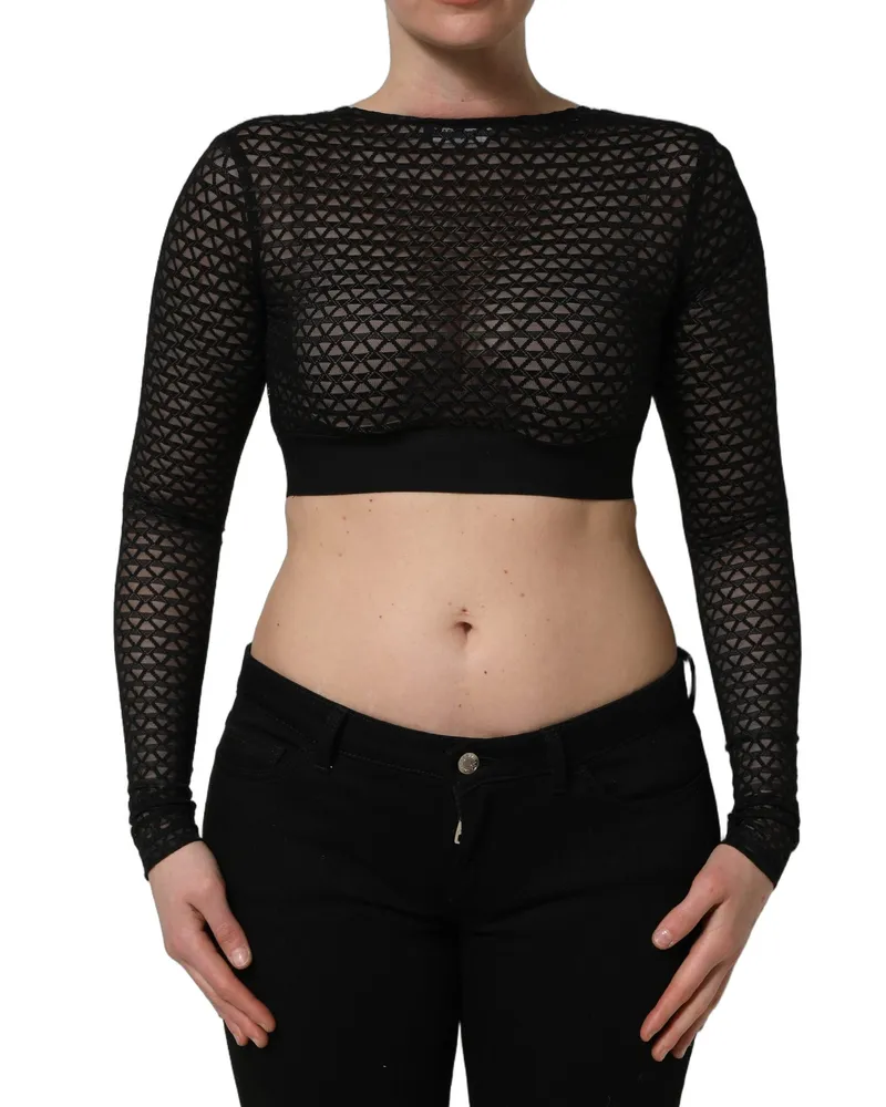 Dolce & Gabbana Women Black Nylon Fishnet Long Sleeve Cropped Top Acrylic Wool Black