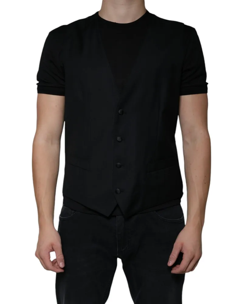 Dolce & Gabbana Men's Black Wool Waistcoat Dress Formal Vest Virgin Elastane Black