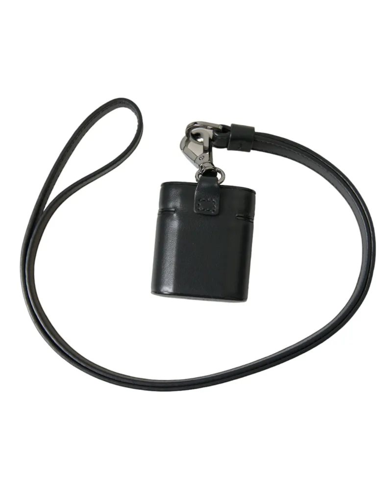 Dolce & Gabbana Men's Black Leather Strap Silver Metal Logo Printed Airpods Case Calf Pu Accessory Black