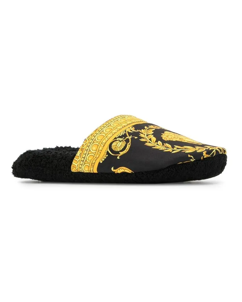 Versace Unisex House Slippers Baroque Print Black Cotton Flat Shoes Black
