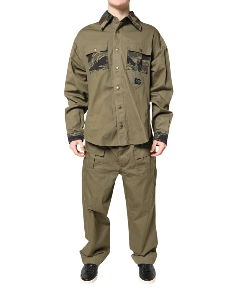 Dolce & Gabbana Men's Brown Cotton Stretch Shirt Pants Casual Set Elastane Brown