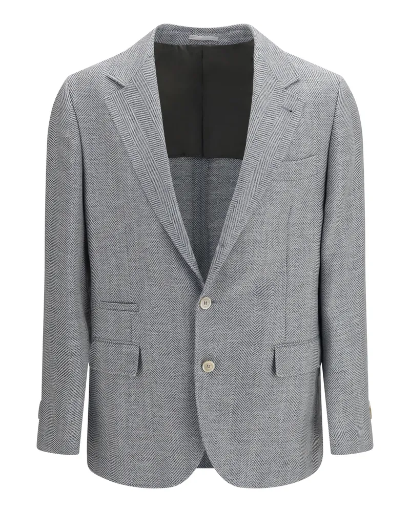 Brunello Cucinelli Chevron Merino-Alpaca-Silk Blazer — Blue Blue