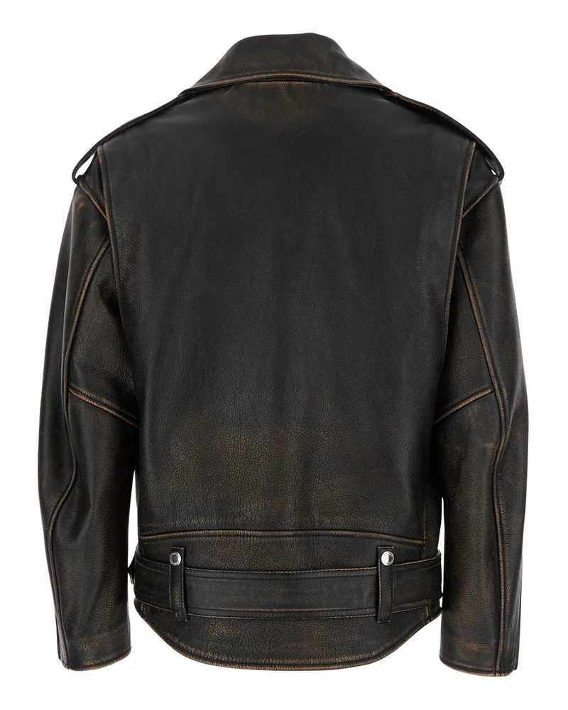 Alexander McQueen Women's Antiqued Brown Biker Jacket With Wide Lapels Cow Coat Brown