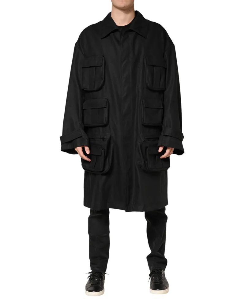 Dolce & Gabbana Men's Black Pockets Collared Trench Coat Jacket Linen Clothing Black