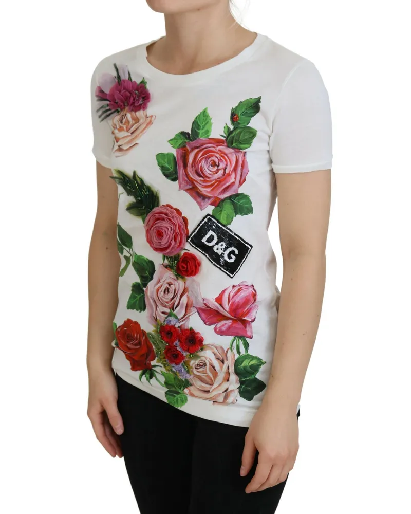 Dolce & Gabbana Rose & Logo-Printed Cotton T-Shirt — White White