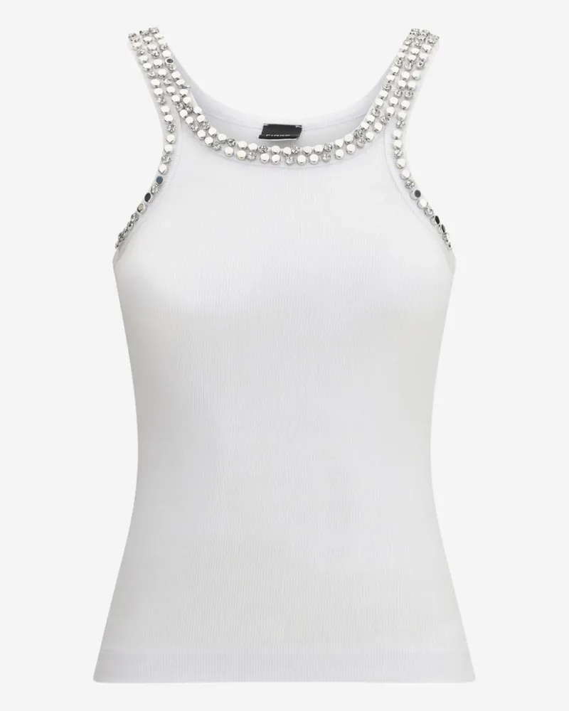 Pinko Women's Ribbed Top With Jewel Embroidery White Cotton Tops White