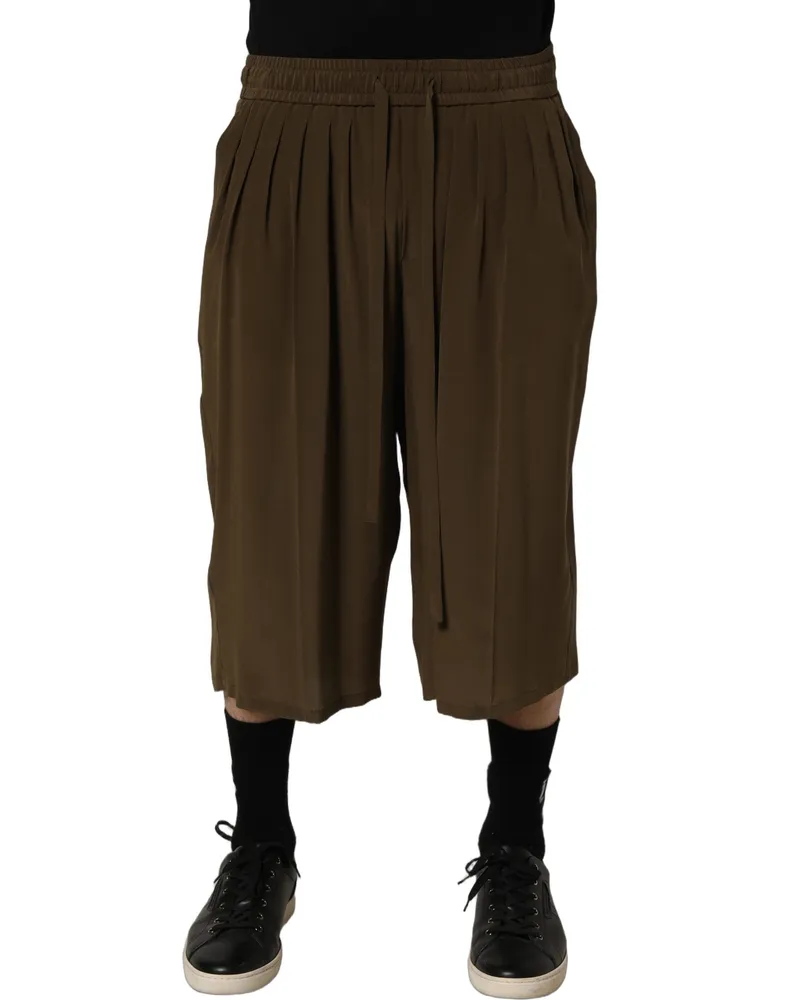 Dolce & Gabbana Men's Brown Silk Mid Waist Pleated Bermuda Shorts Brown