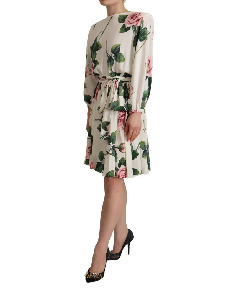 Dolce & Gabbana Women's White Rose Print Long Sleeves A-Line Dress Silk Elastane White