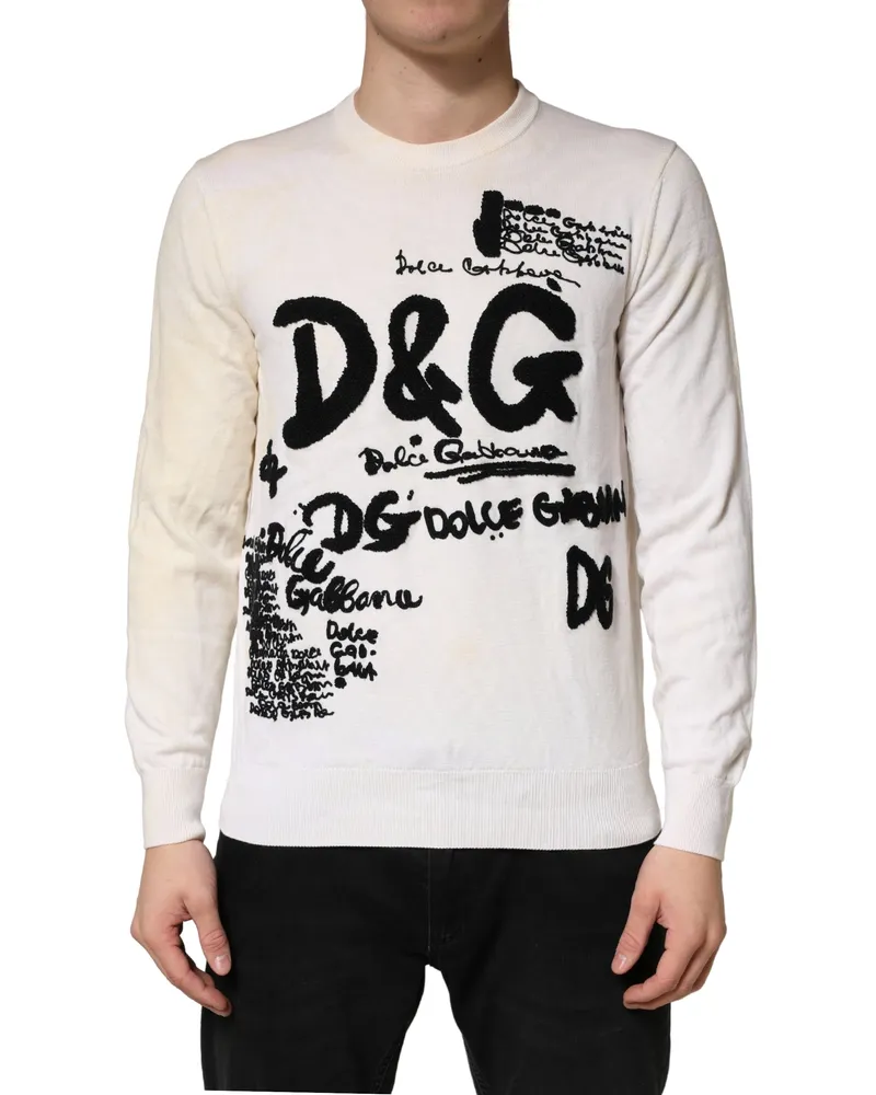 Dolce & Gabbana Men's White Virgin Wool Graphic Logo Crewneck Sweater Black And Clothing White