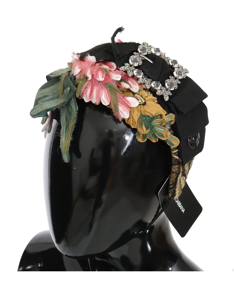 Dolce & Gabbana Women's Multicolor Tiara Floral Crystal Bow Diadem Headband Black Elastane Accessory Black